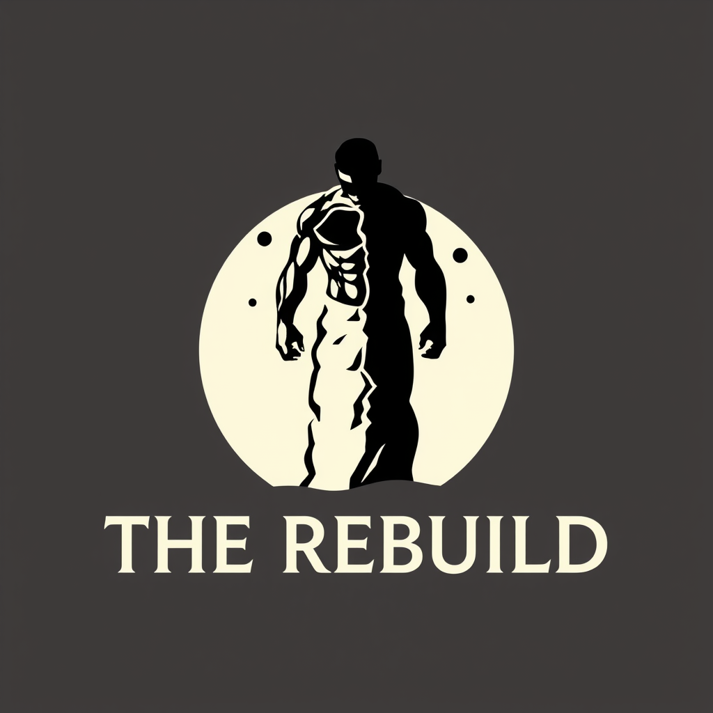 Main logo studio: Iconic luxury logo for THE REBUILD. One broken, battle-worn human figure gradually emerging into a stronger, refined version of himself — symbolizing 