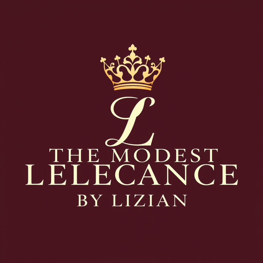 Main logo studio: Design a luxurious, professional logo for THE MODEST ELEGANCE BY LIZIAN. Use champagne gold, royal burgundy, and ivory. Include an elegant crown and s