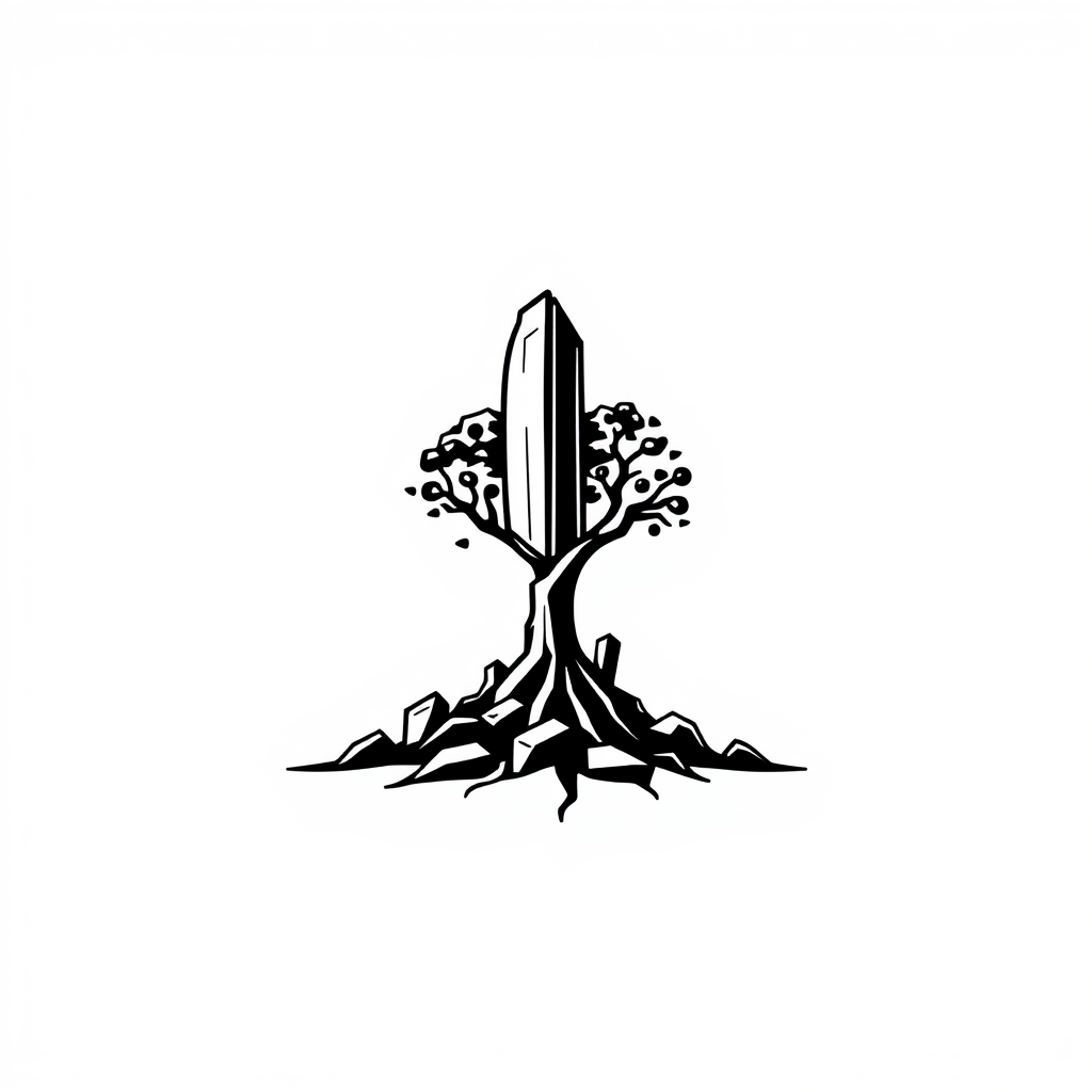 Cartoon Logo idea: cartoon style logo for “} Minimalist logo of a futuristic building growing from ancient ruins like a tree. Broken architecture becomes roots, while a 
