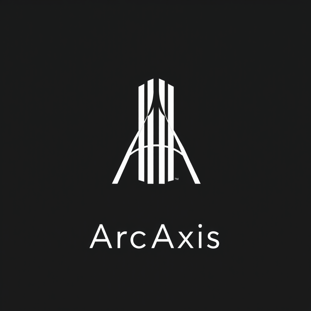 Main logo studio: Create a highly minimalist premium logo for “ArcAxis”. Build a simple geometric symbol from a strong vertical form with one elegant curved cut through