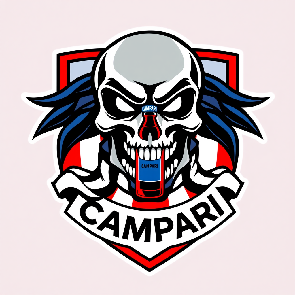 Main logo studio: Football team crest for “ATLETICO CAMPARI”, aggressive stylized skull wearing a football scarf, small Campari bottle integrated into the emblem, domin
