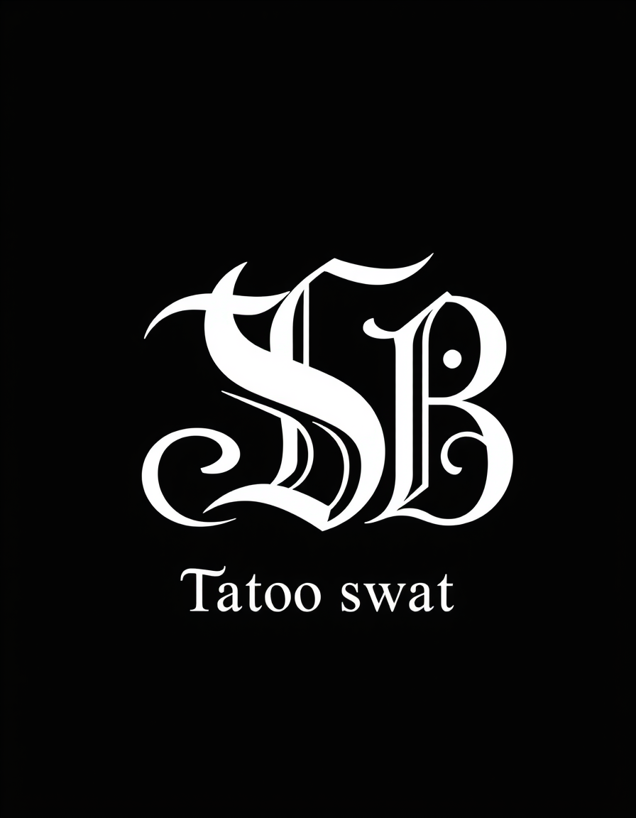 Monogram Logo idea: monogram logo combining the letters monogram of the letters S and B, white on a black background. Below, under the holotype, write "Tatoo svat" in sma