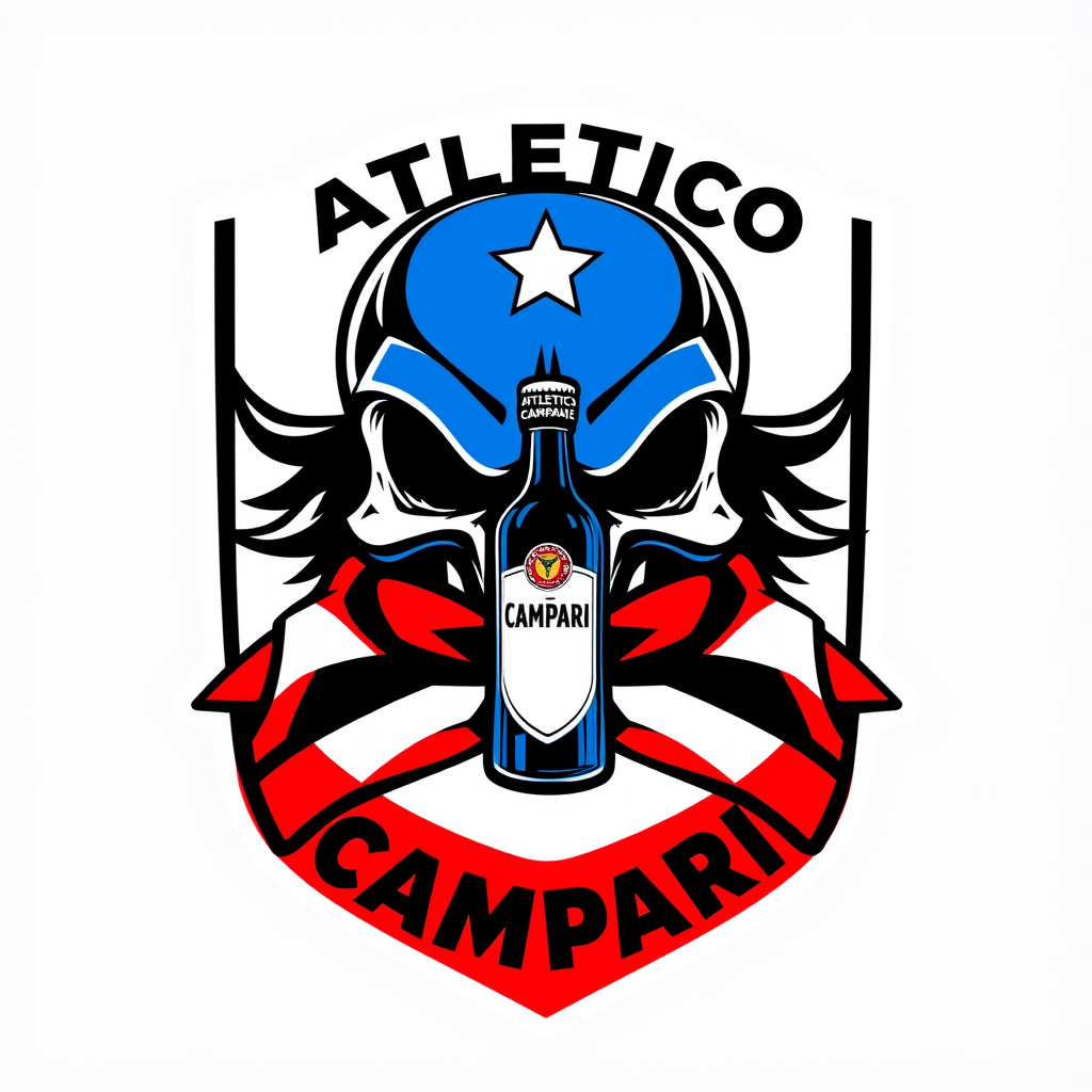 Main logo studio: Football team crest for “ATLETICO CAMPARI”, aggressive stylized skull wearing a football scarf, small Campari bottle integrated into the emblem, domin