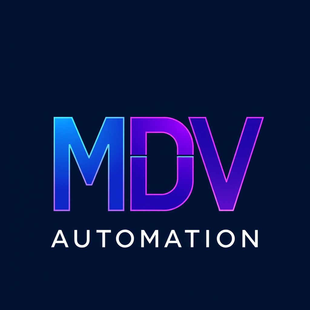 Main logo studio: Premium MDV Automation logo. Create a bold, modern MDV monogram where M, D and V are clearly recognizable but closely joined into one continuous logo 