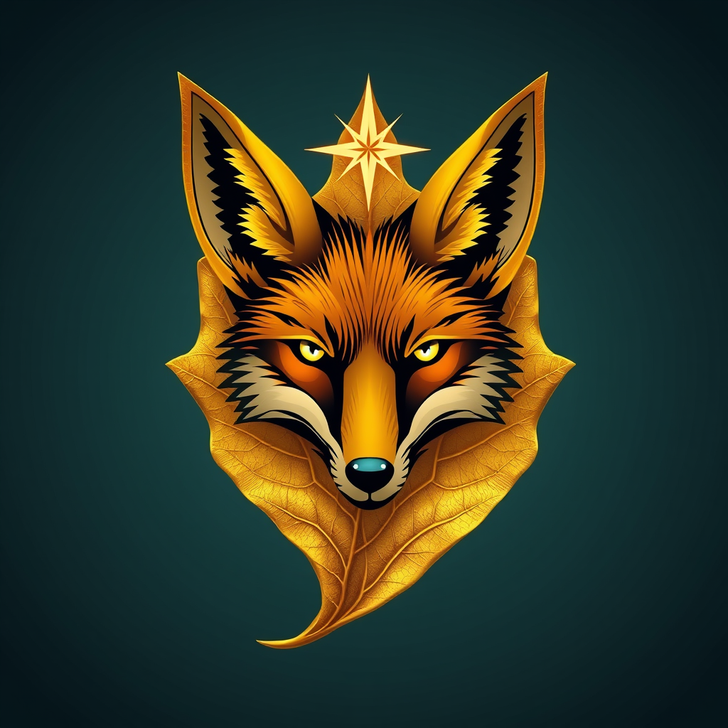 Main logo studio: A fox head inside a gold leaf ok with a north star on the top