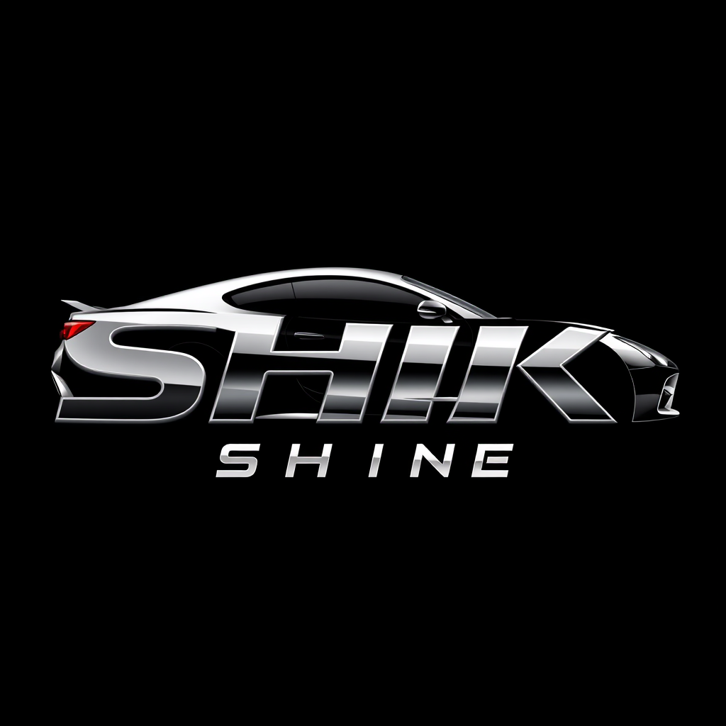Main logo studio: SHIK SHINE — ultra-premium automotive wordmark, custom car silhouette seamlessly integrated into the lettering, black and polished chrome silver, glos