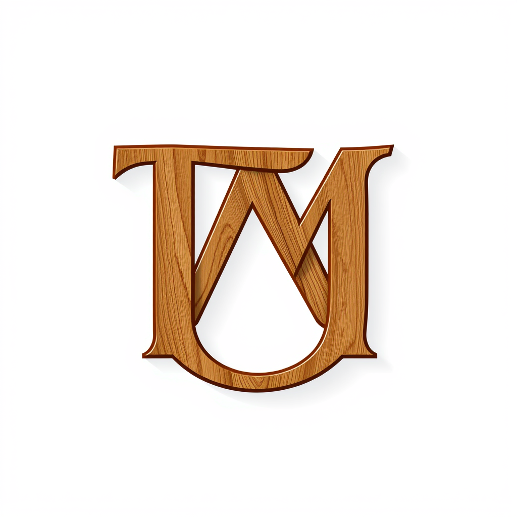 Monogram Logo idea: monogram logo combining the letters T.M wood art , elegant intertwined letterforms, flat vector logo, centered, solid white background, high contrast,