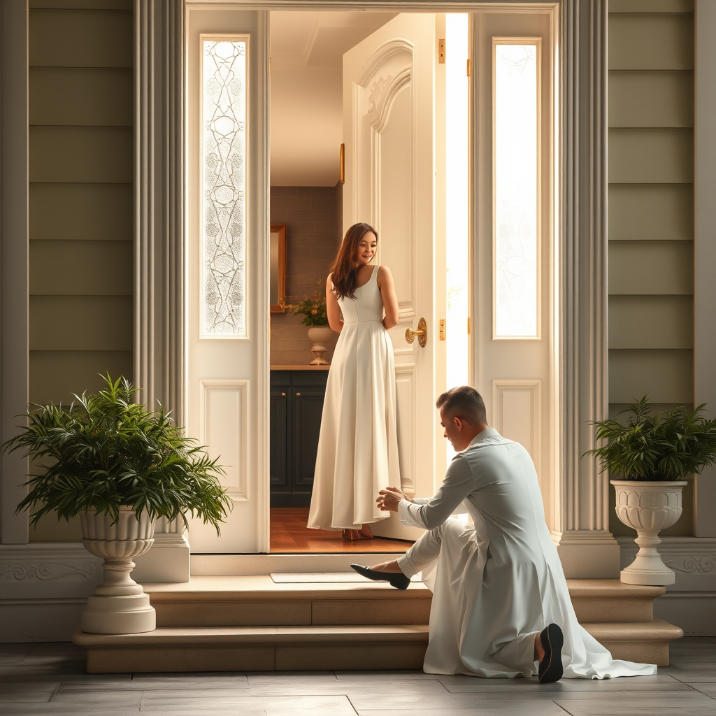 Main logo studio: Inside the house, just as the door opens, a woman in a white dress stands on the entrance step while a man kneels to put on her shoe. Beautiful, reali