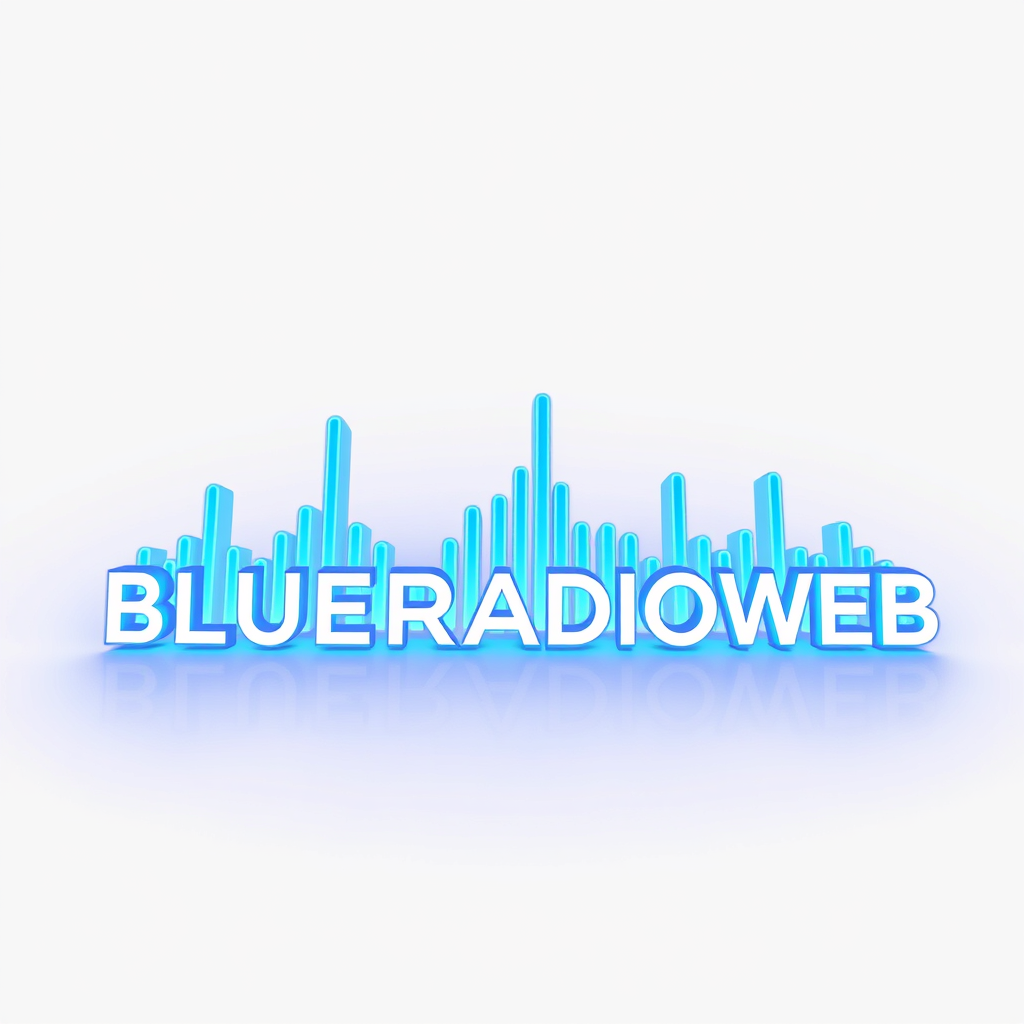 3D Logo idea: 3D logo for BLUERADIOWEB -LISTEN TO YOUR MUSIC- a music tech brand, 3D sound wave form, neon blue glow , three-dimensional render, realistic depth and