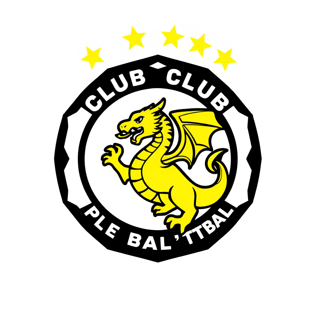 Main logo studio: Logo club de football avec un dragon au centre et un écusson exagonal autour, et en haut de ça 4 étoiles jaunes. Et tout ca en couleur Or