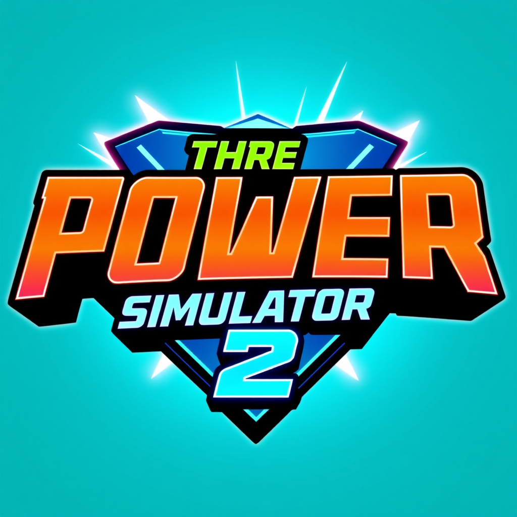 Main logo studio: Gaming logo for "The Power Simulator 2", bold futuristic typography, bright cyan and turquoise background, energetic glowing power effect, clean profe