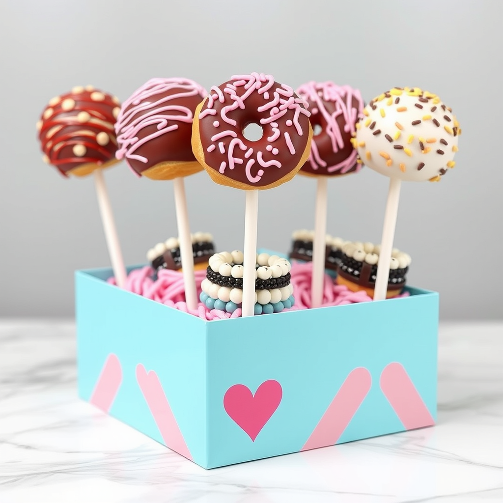 Main logo studio: It is a company of mini donuts cake pops and bracelets but the boxes where it is grabbed are bracelets and brings a kit of bracelets keychains or neck