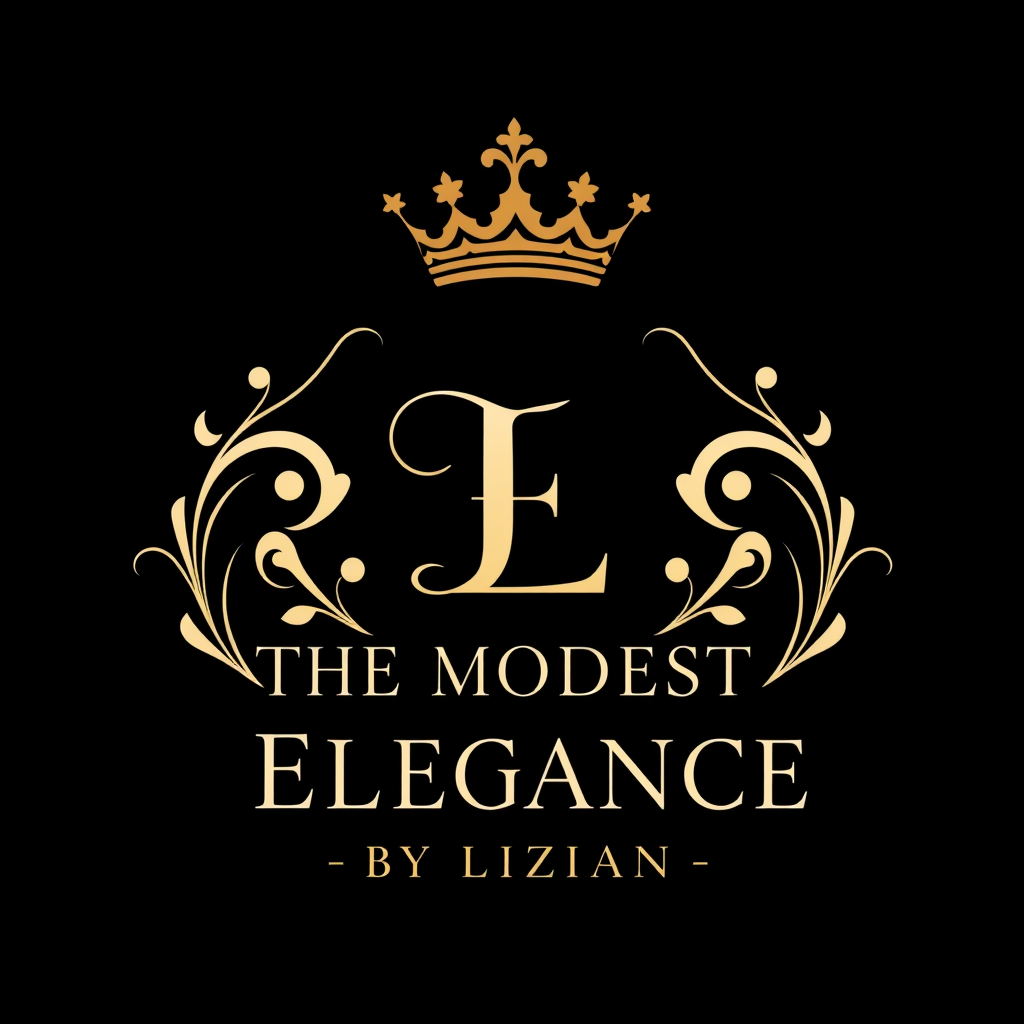 Main logo studio: Design a luxurious, professional logo for THE MODEST ELEGANCE BY LIZIAN. Use champagne gold, royal burgundy, and ivory. Include an elegant crown and s