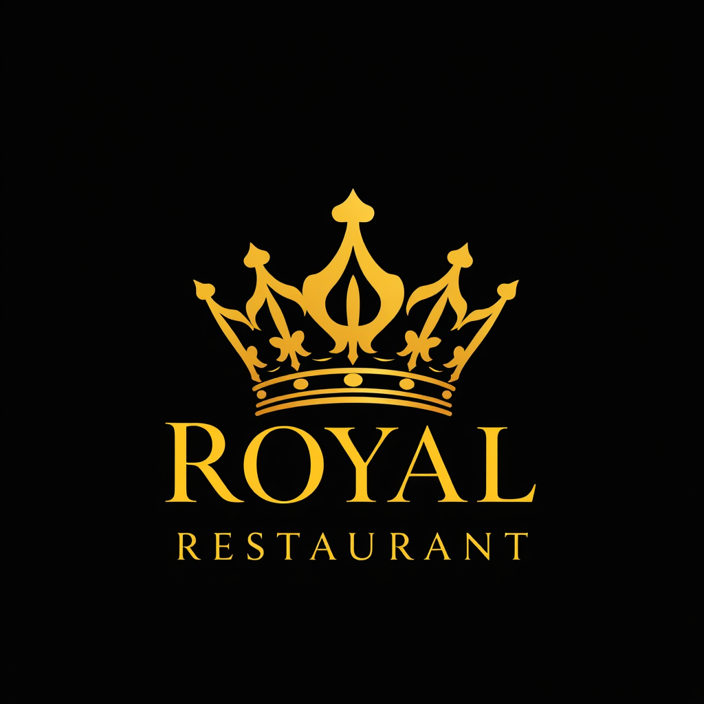 Main logo studio: ROYAL RESTAURANT, elegant golden crown, luxury fine dining, black background, premium hotel logo