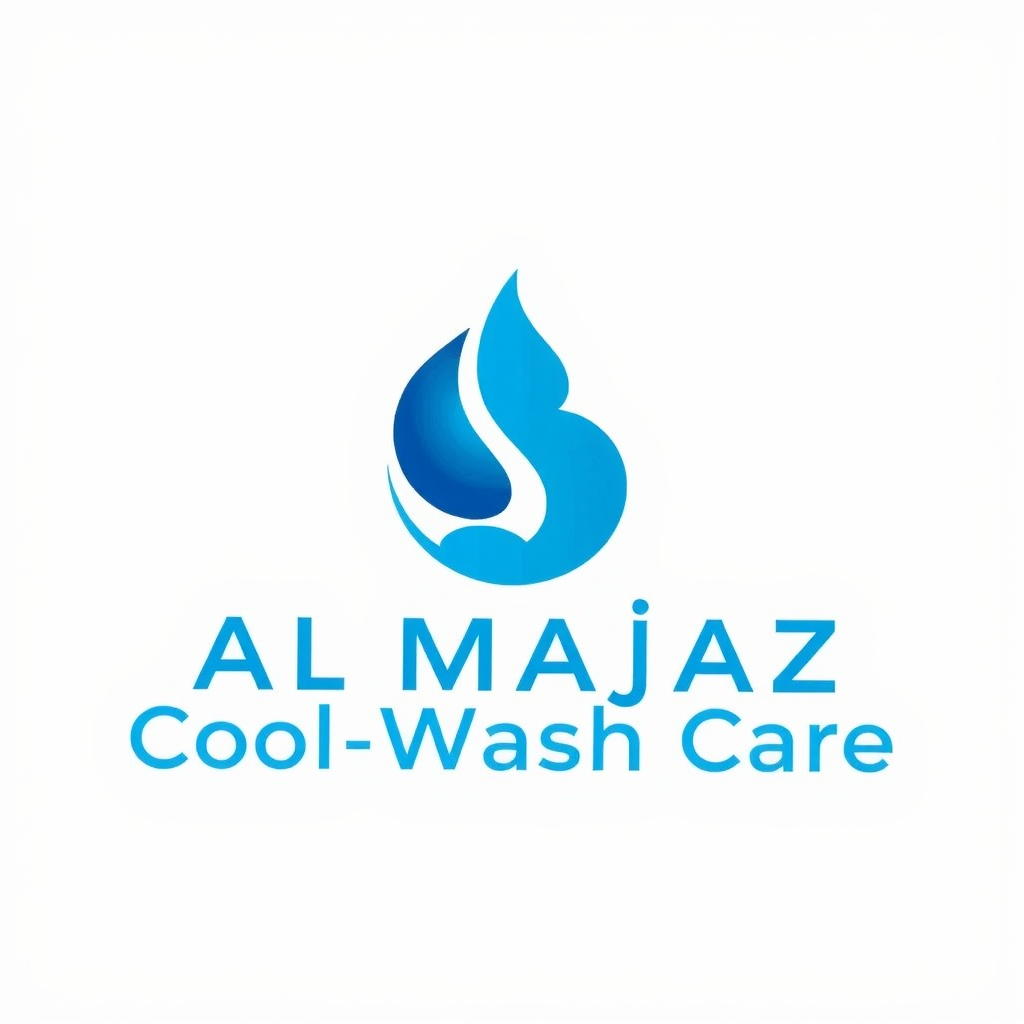 Main logo studio: Al Majaz Cool Wash Care — AC, refrigerator and washing machine repair and maintenance service in UAE. Professional blue and cyan logo, clean modern ic