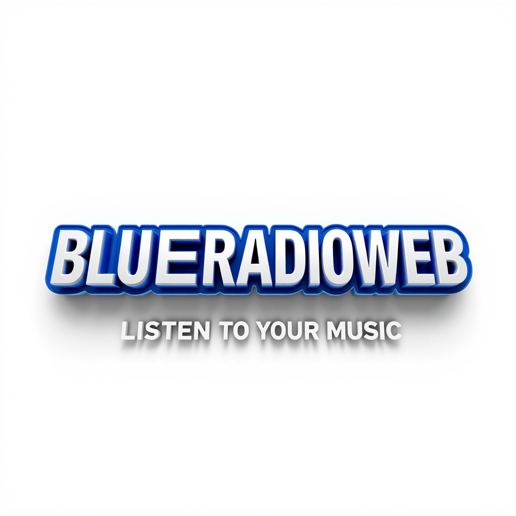 3D Logo idea: 3D logo for Générer un logo radio 3D au nom de BLUERADIOWEB écrit en blanc dans un fond de couleur bleu foncé avec le slogan LISTEN TO YOUR MUSIC écri