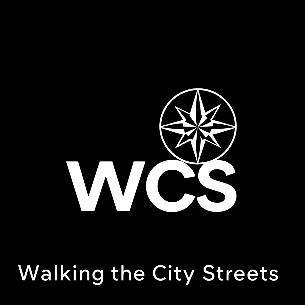 Main logo studio: Minimalist premium logo, black background, white typography and white graphics only. Large bold “WCS” on the left. Directly to the right of WCS, place
