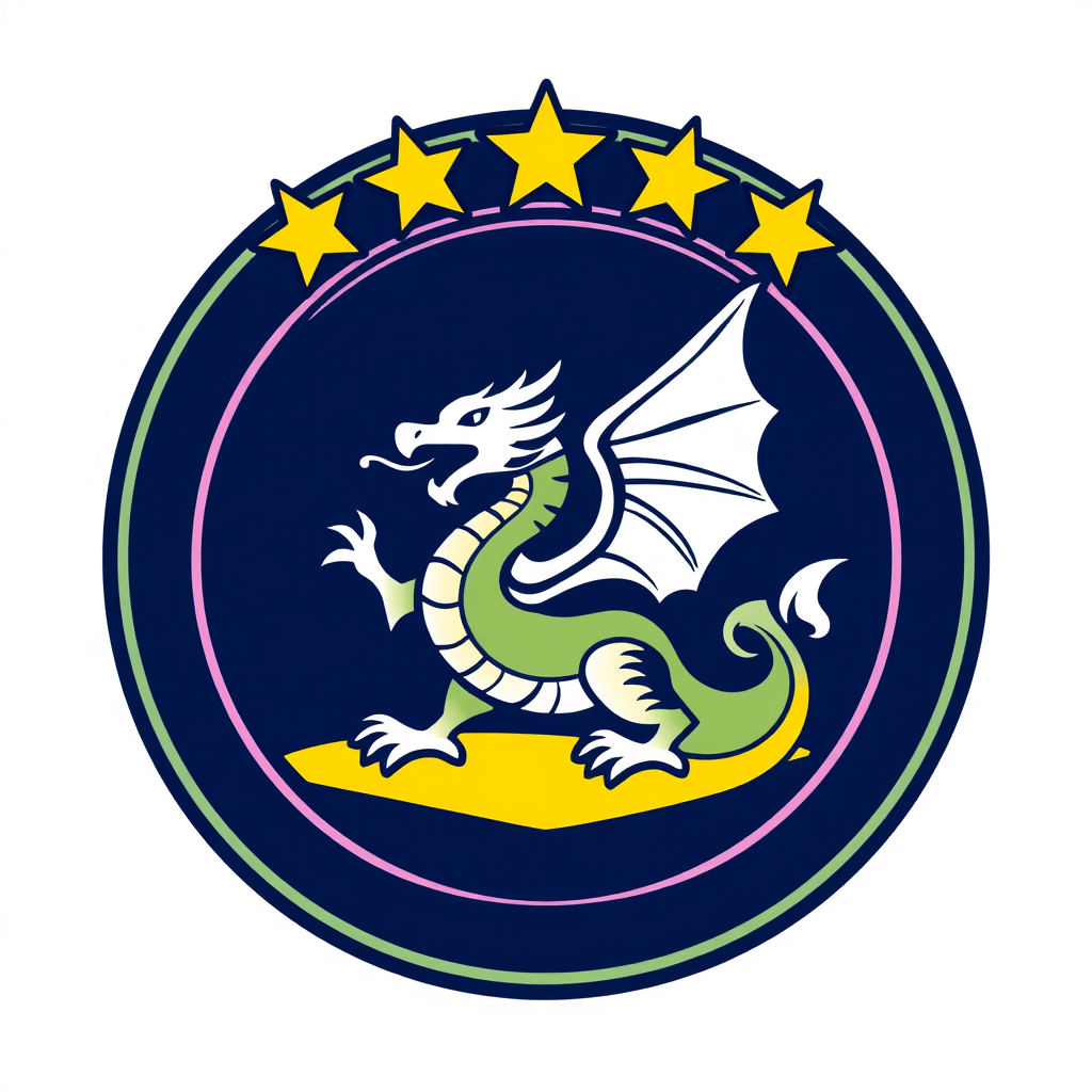 Main logo studio: Logo de club de football avec un dragon au centre et un écusson exagonal qui l'entoure, et en haut de tout ça 4 étoiles de coupe du monde en couleur O