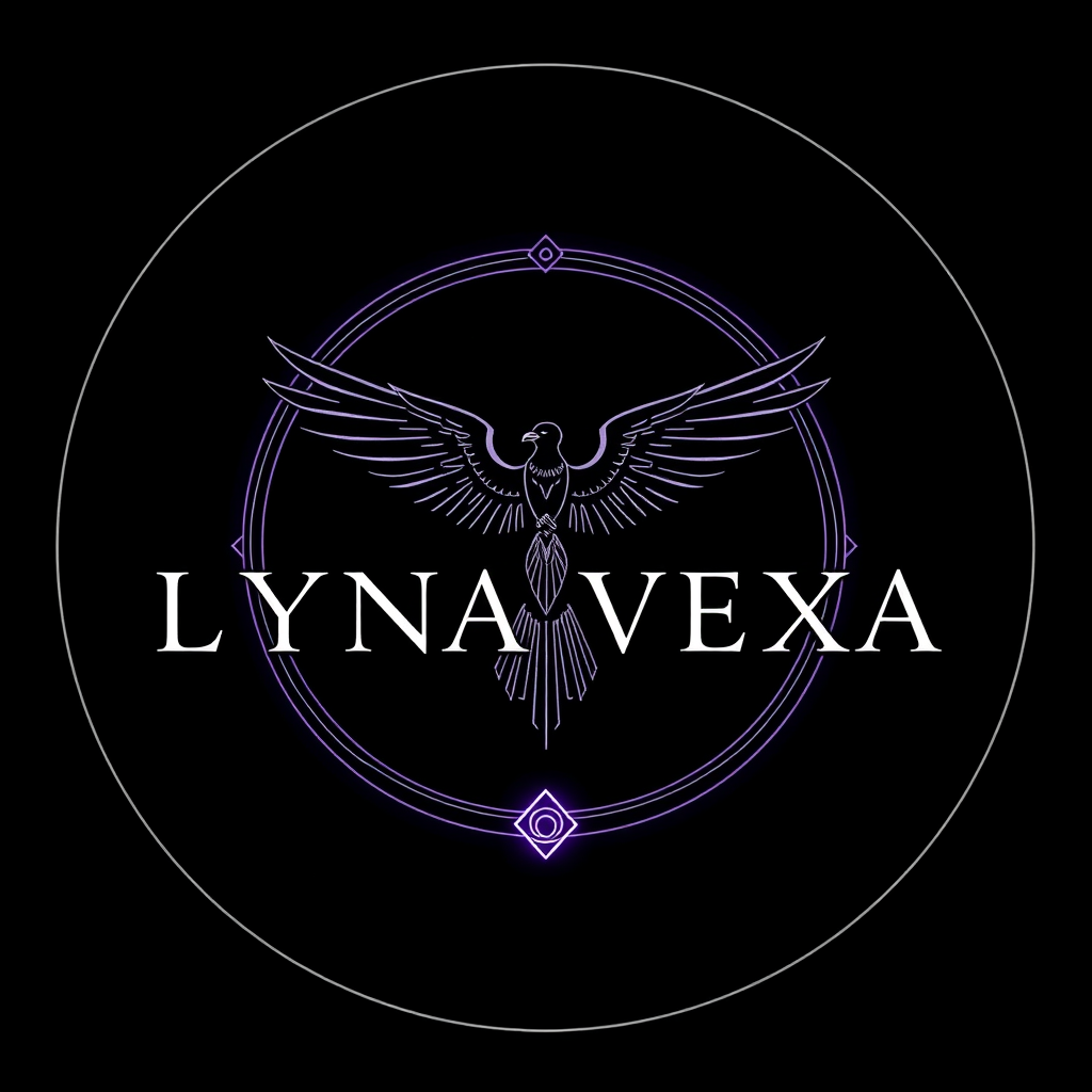Main logo studio: LYNA VEXA — dark cosmic logo with a smaller, elegant condor centered above the name, delicate silver linework, subtle shamanic details beneath, deep b