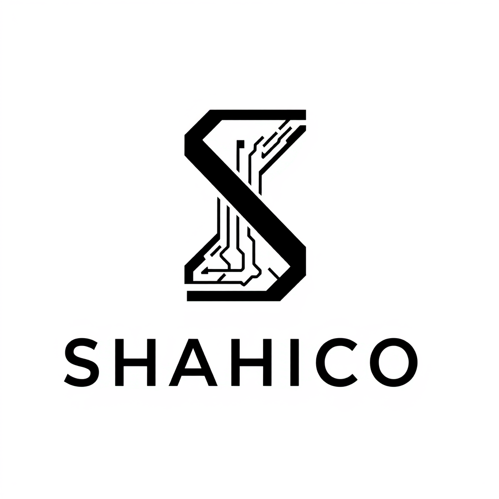 Main logo studio: Create a premium industrial brand logo for "SHAHICO". Replace the standard letter "S" with a completely custom electrical-inspired S symbol using geom