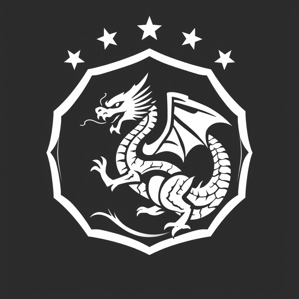 Main logo studio: Logo football avec dragon doré et blanc et un écusson exagonal tout autour doré, et en dehors en haut alignés, quatre étoiles de coupe du monde dorés