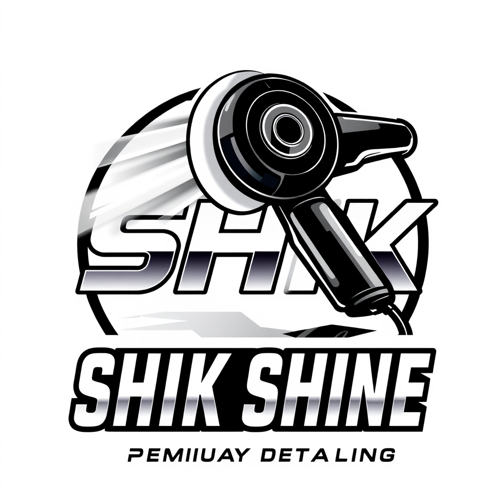 Main logo studio: SHIK SHINE — premium automotive detailing logo featuring a realistic dual-action orbital polisher, custom S-shaped reflection integrated into the poli
