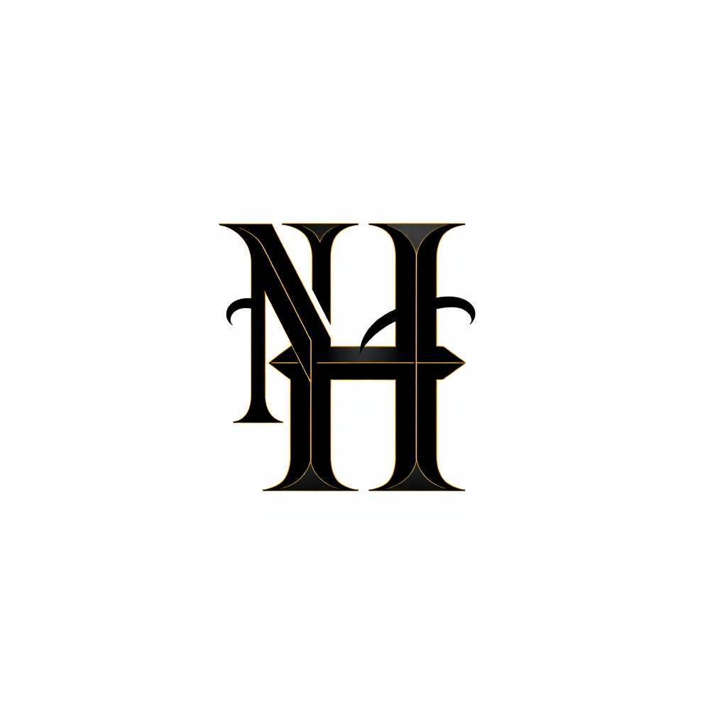Lettermark Logo idea: lettermark logo of the letters N H, a online mysterious and psychological gaming startup, interlocking serif letters, black and gold, no symbols, inte