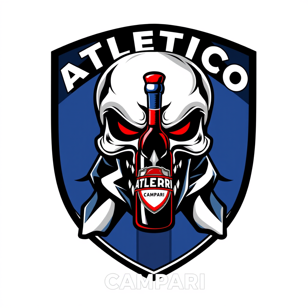 Main logo studio: Football team crest for “ATLETICO CAMPARI”, aggressive stylized skull wearing a football scarf, small Campari bottle integrated into the emblem, domin