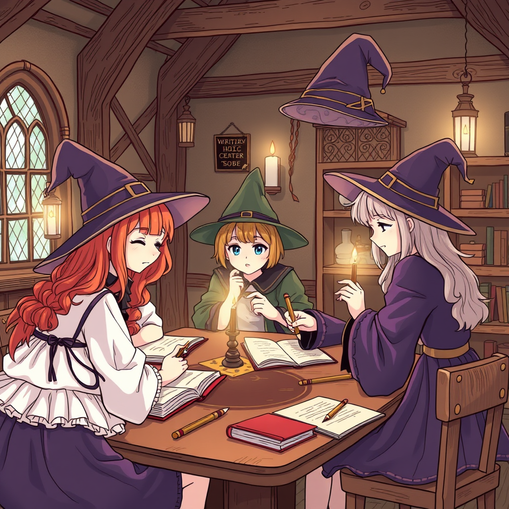 Main logo studio: A magical writing workshop in the style of the Witch Hat atelier manga for a fan-themed Discord server.