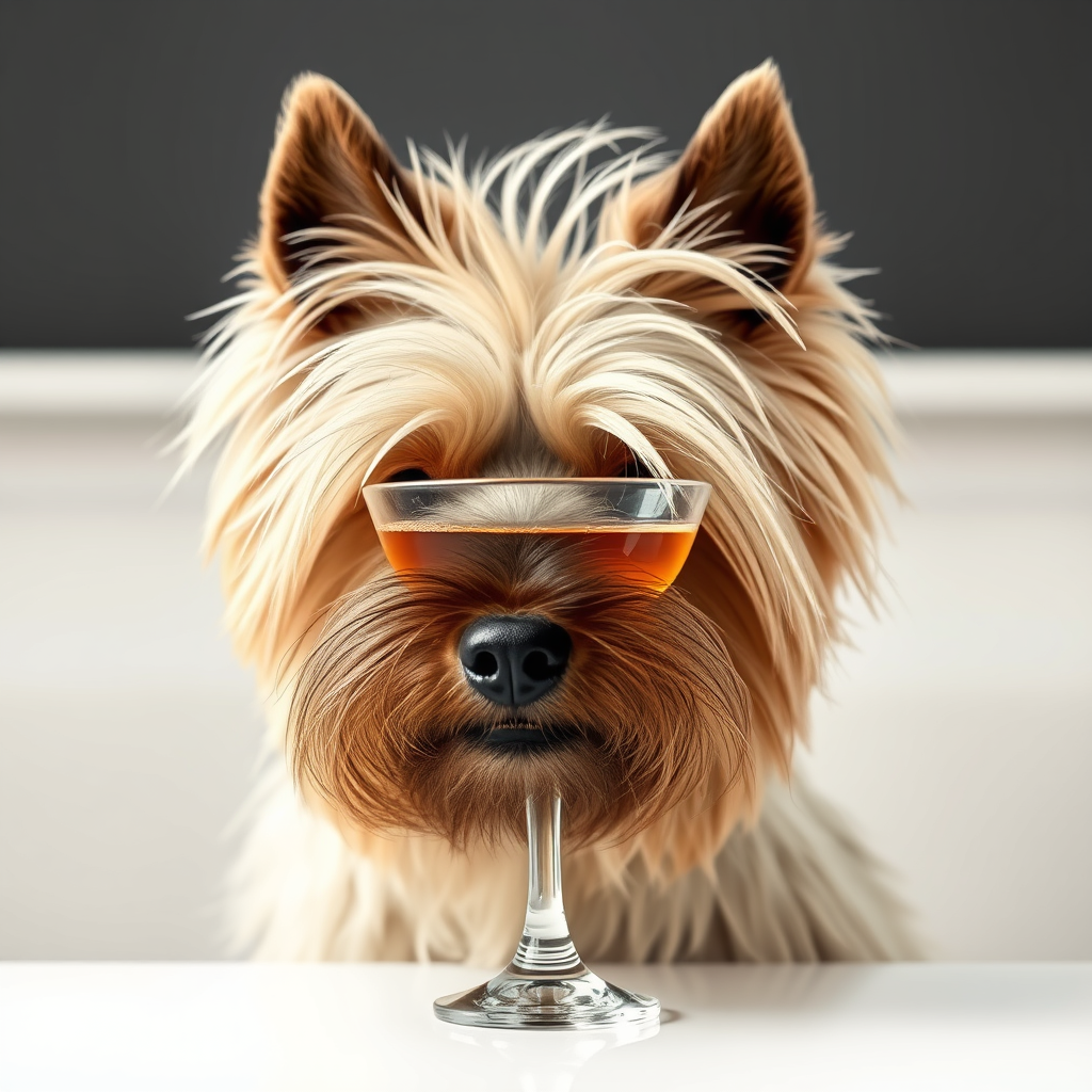 Main logo studio: Ein Hund der Rasse stichelhaariger bosnischer Laufhund trinkt aus einem Cocktailglas mit einem Strohhalm. Man sieht nur einen Kopf.