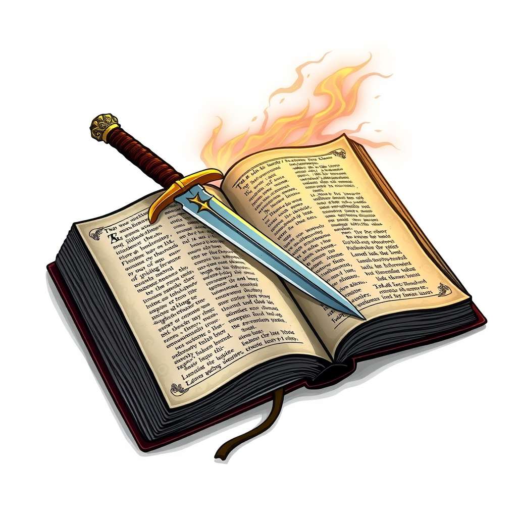 Main logo studio: An open book, lying down. Think of it like a "tome." A thick tome (so many pages.) Medieval aesthetics. Heraldics. I want 1 dagger and 1 magic wand cr