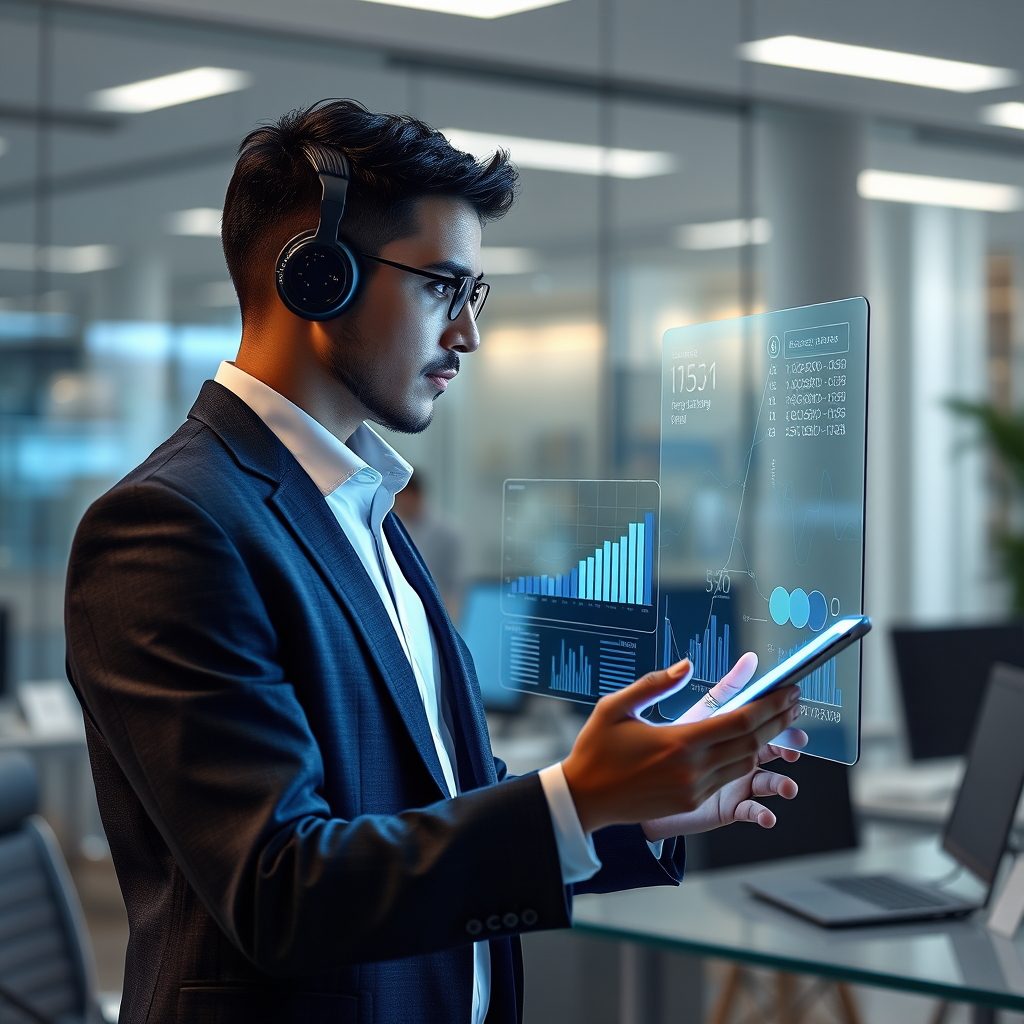 Main logo studio: AI assistant helping a modern business professional analyze data on a transparent holographic screen, futuristic office, realistic photography, natura