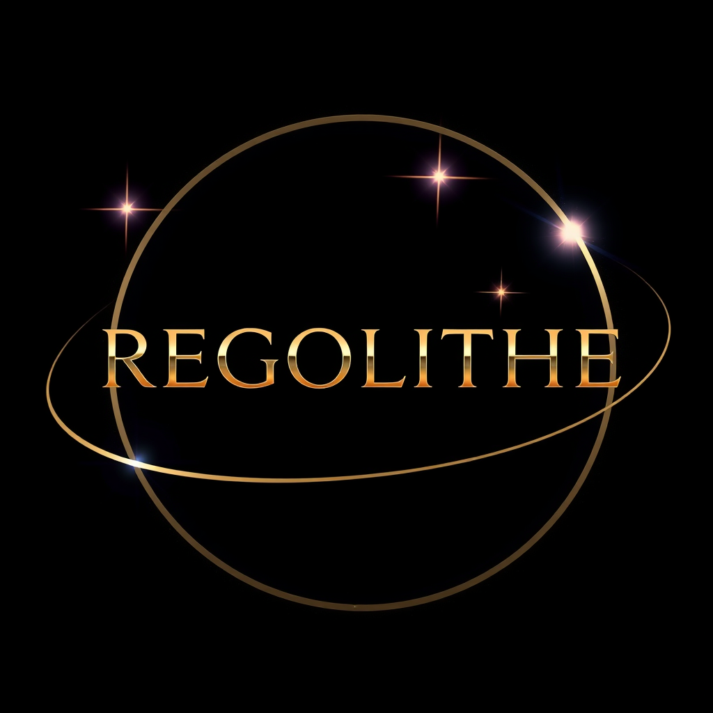 Main logo studio: premium Facebook branding graphic for REGOLITHE. Make REGOLITHE the central focus in elegant, clean, sophisticated warm metallic silver lettering. Use