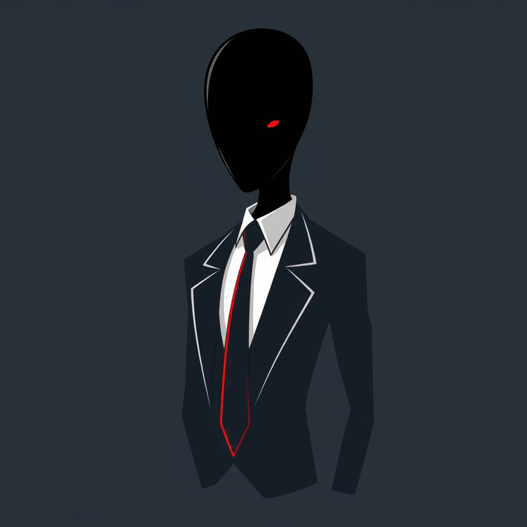 Main logo studio: Mysterious humanoid mascot for a modern cybersecurity research brand. Slim figure wearing an immaculate dark charcoal formal suit, white shirt and nar