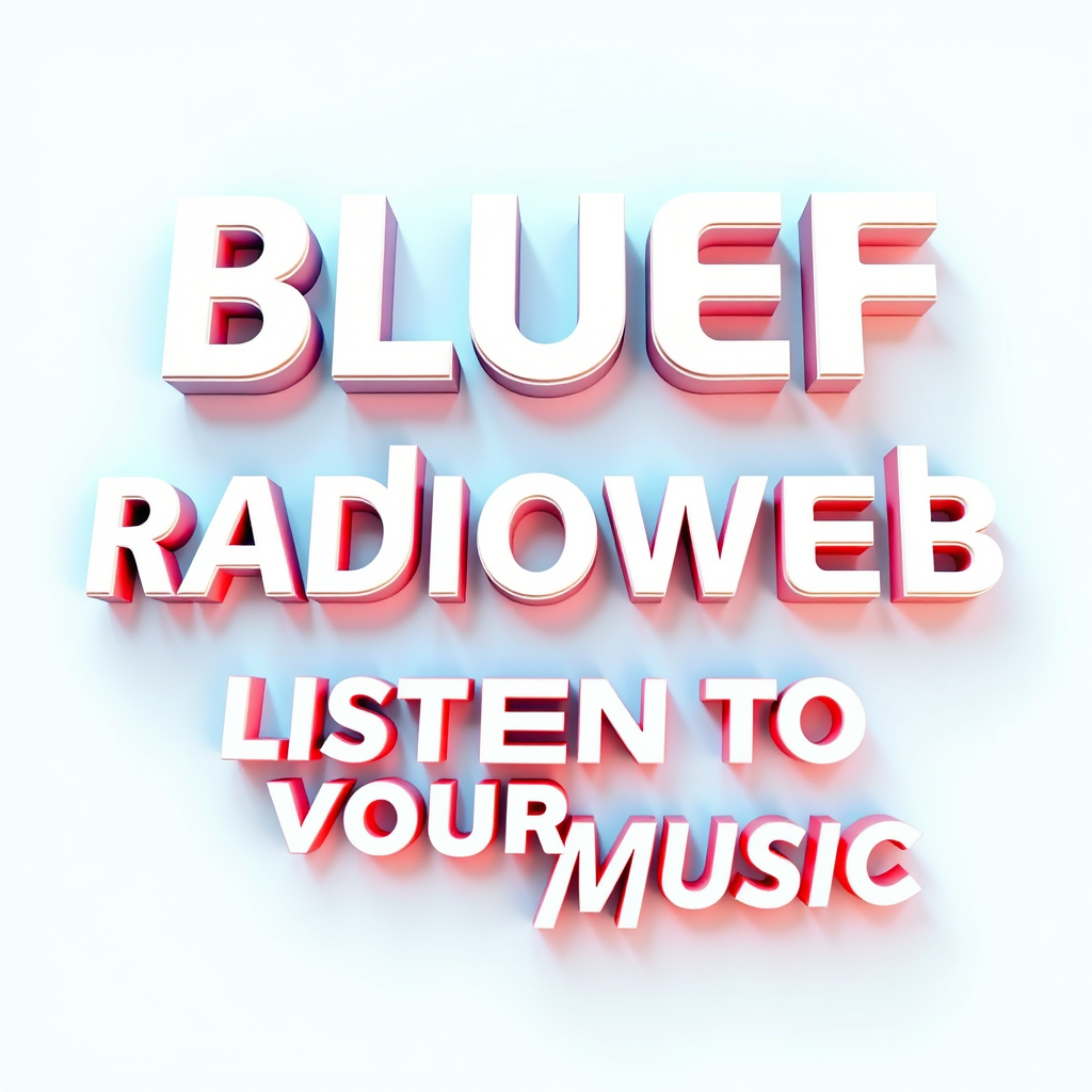 3D Logo idea: 3D logo for Générer un logo radio 3D au nom de BLUERADIOWEB écrit en blanc dans un fond de couleur bleu foncé avec le slogan LISTEN TO YOUR MUSIC écri