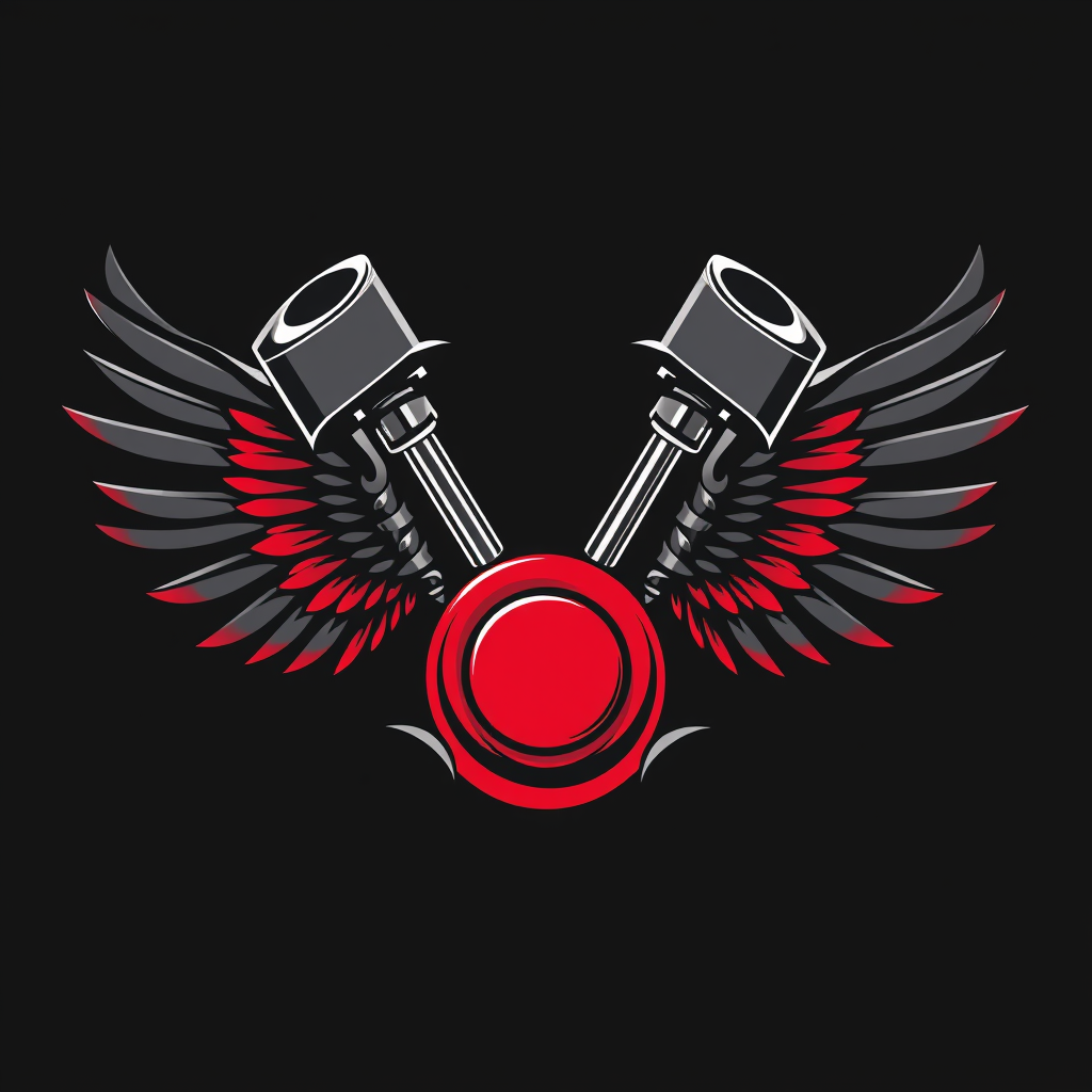 Main logo studio: engine pistons crossed with wings on the side/ Dark? black and red coulors theme
