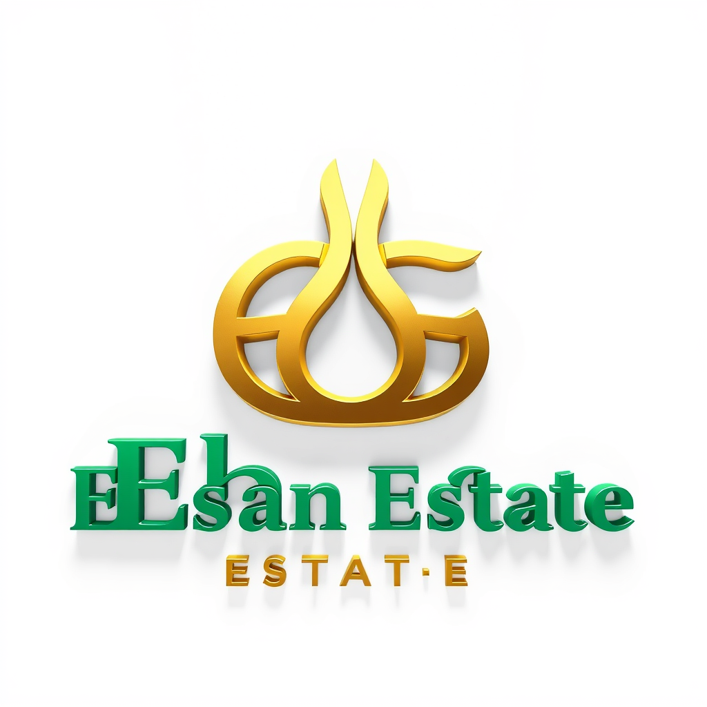 3D Logo idea: 3D logo for campany name is Ehsan Estate, a Property developer, use 2 E to form a logo with color champagne gold combine with Ehsan Estate wording in 