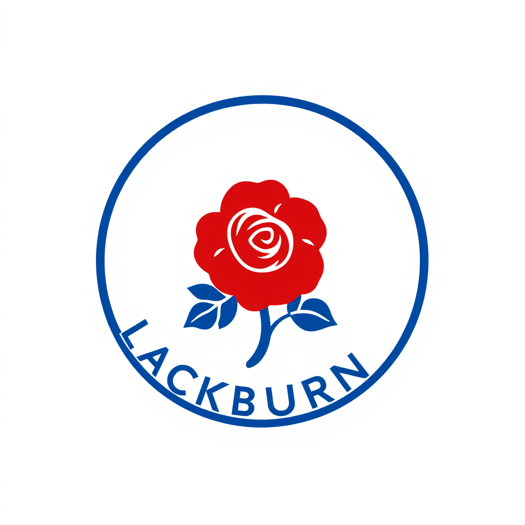Main logo studio: Can you Design a new logo for Blackburn fc but has to relate to there club Red Rose in the middle please White background Outline in blue Says Blackbu