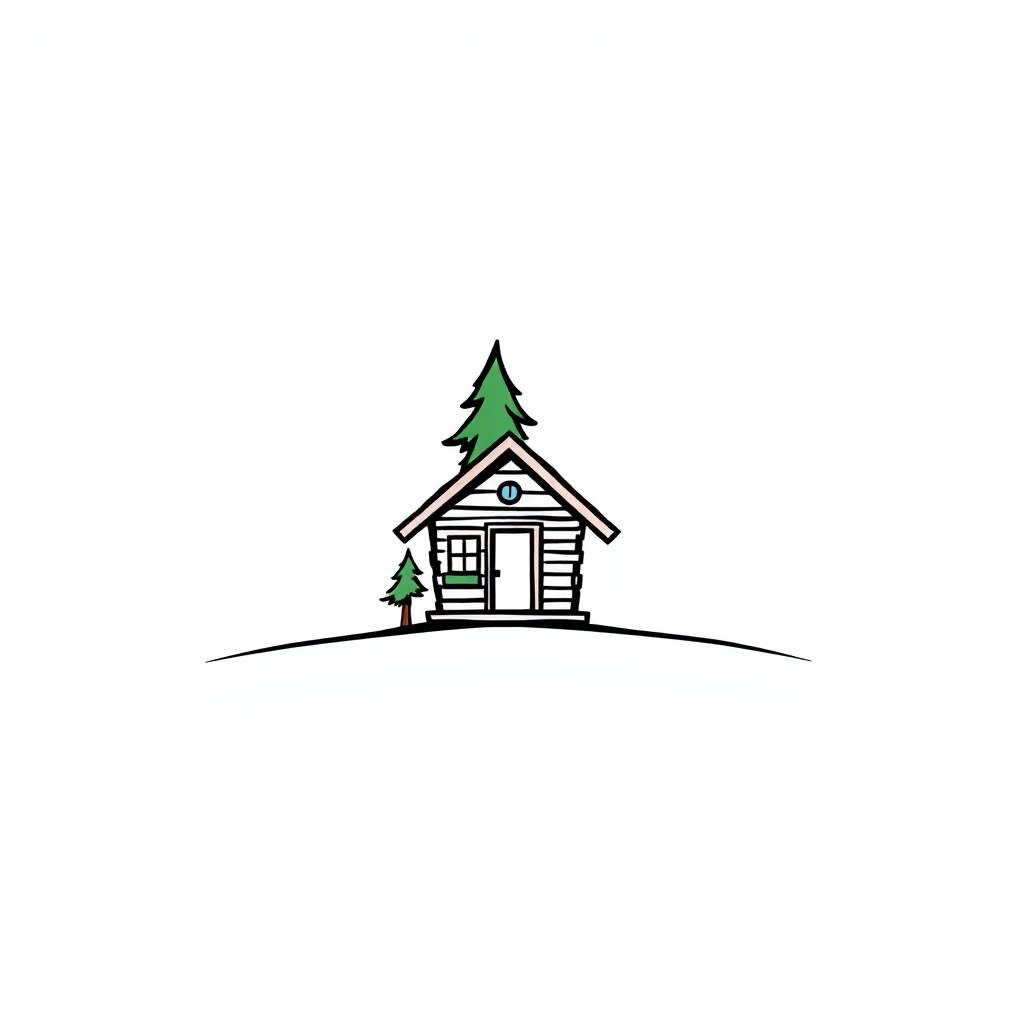 Cartoon Logo idea: cartoon style logo for } A distant tiny cabin suggested by two simple roof lines and a small pine tree beside it, both standing on one clean horizonta