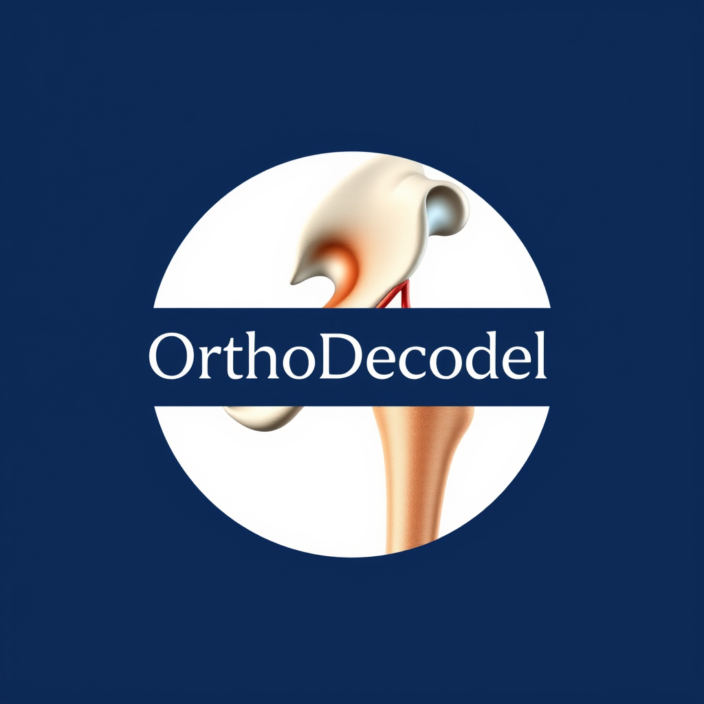Main logo studio: OrthoDecoded” — premium photorealistic orthopaedic logo, realistic femur and hip joint anatomy, natural medical photography, clean navy-blue and white