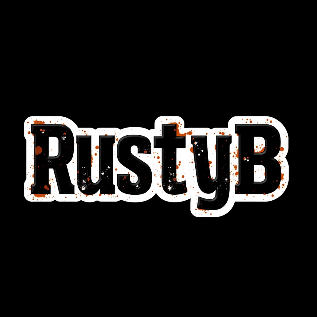 Main logo studio: "RustyB" on black and White, with a black metal font, motorbike style font, no block letters, letters are black and just white around the letters, and