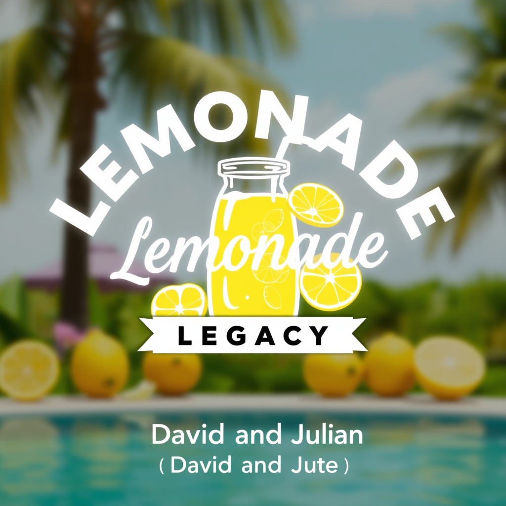 Main logo studio: lemonade logo with a summer background. and in big words write Lemonade Legacy, and in small words write by David and Julian