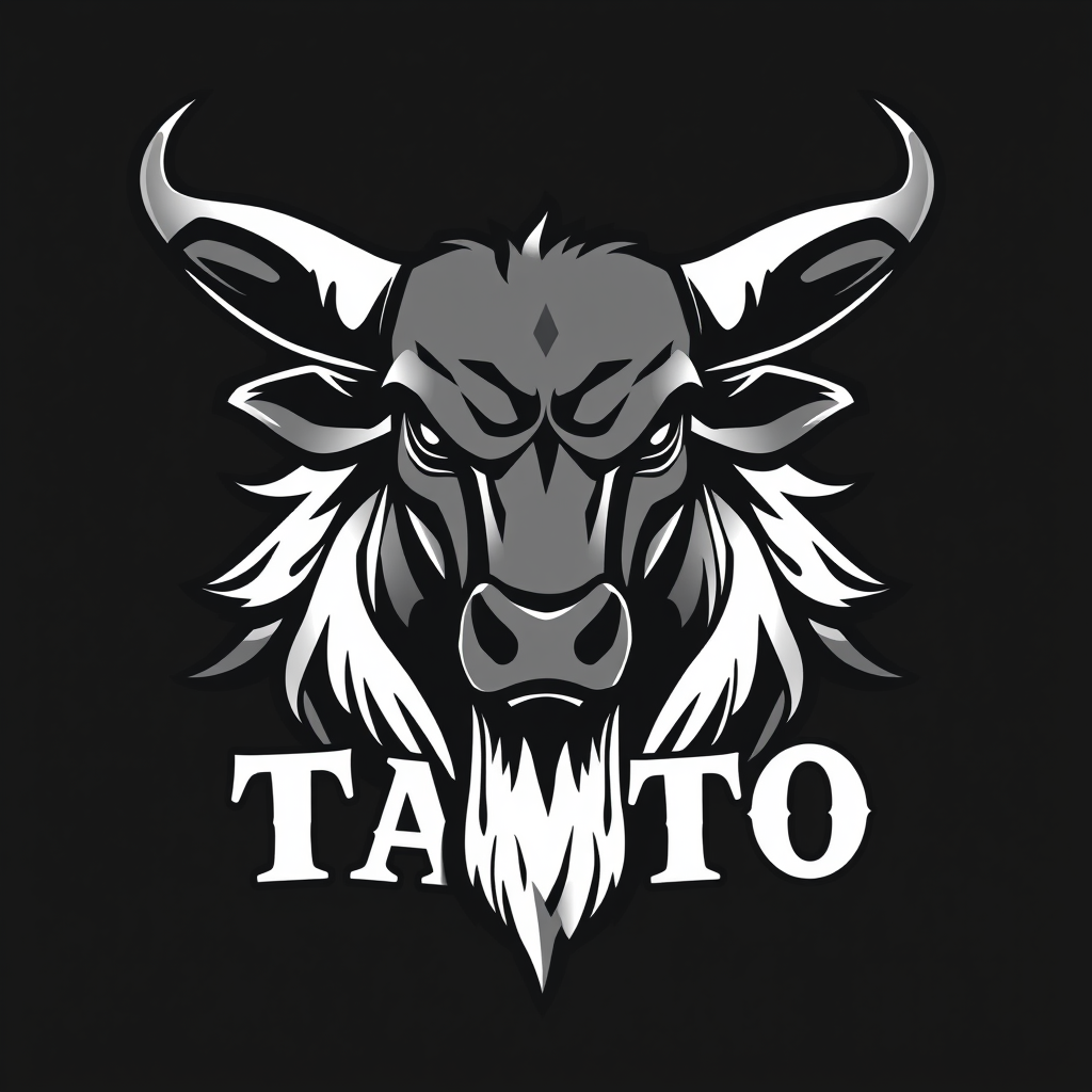 Main logo studio: a tatto brand with a bull for a mascot centered around dark,grey and white colors