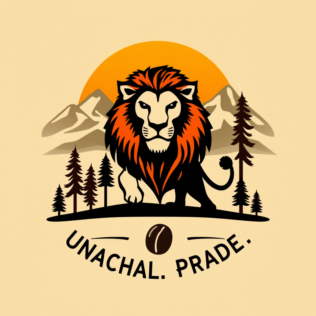 Main logo studio: Keep this design. Fix the text to “ARUNACHAL PRADESH” and add one small coffee bean below the lion. Keep the same colors, lion, mountains and trees.