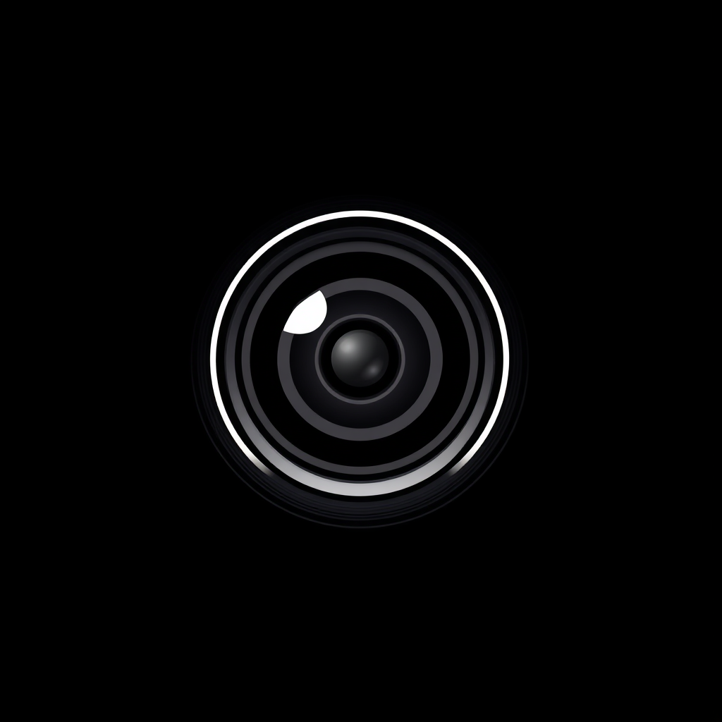 Minimalist Logo idea: minimalist logo, simple geometric mark for Simple round camera lens, viewed from front. White lens with 2–3 clean rings and minimal aperture detail. “