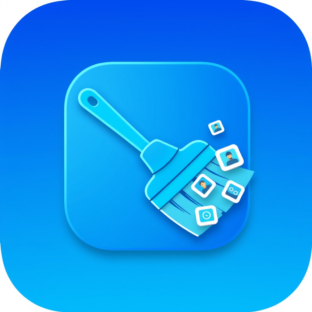 Main logo studio: Minimal modern app icon logo for a mobile phone cleaning application. A beautiful blue sweep broom brush as the main icon, sweeping away small photo a