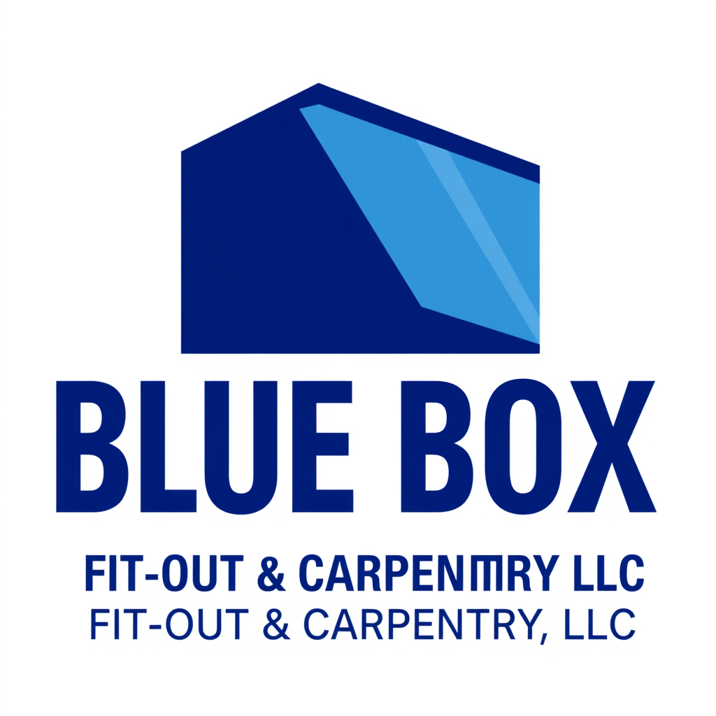 Main logo studio: Professional corporate logo for "BLUE BOX FIT-OUT & CARPENTRY LLC", modern architectural construction company in Dubai, geometric blue box symbol, pre