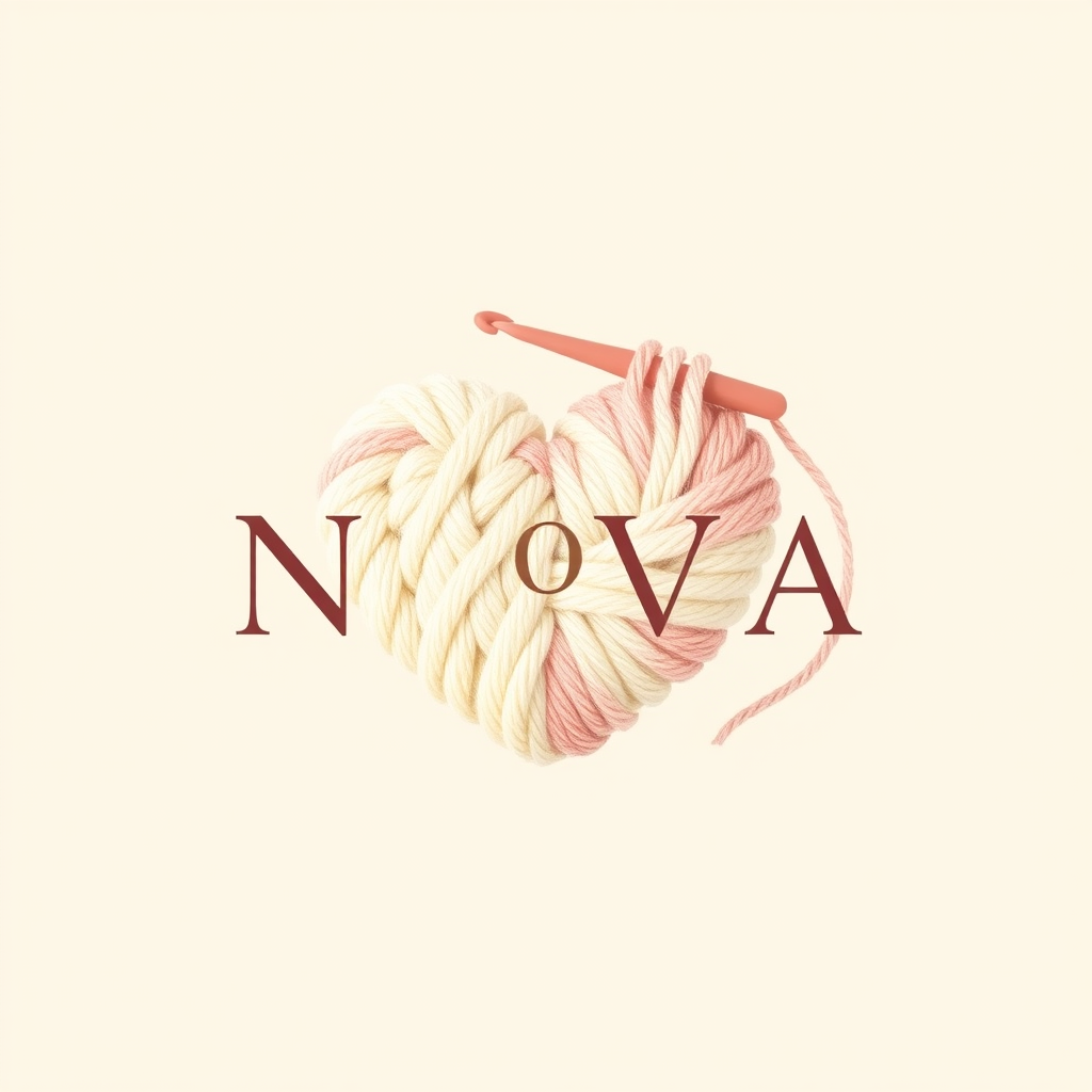 Main logo studio: N0VA CROCHET, elegant handmade crochet brand logo, a beautiful yarn ball with a crochet hook, soft yarn heart, feminine and cozy, minimalist luxury st
