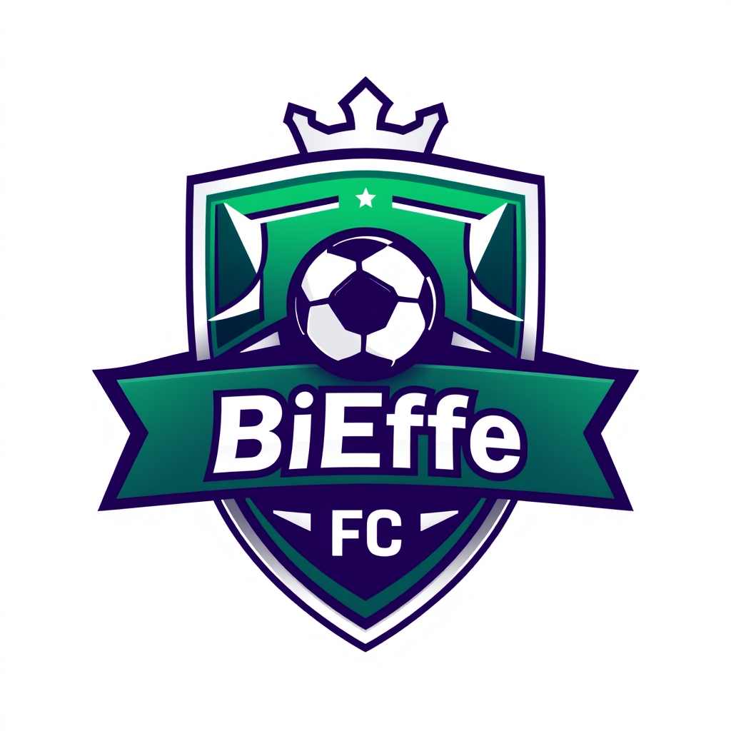 Main logo studio: Design a football fantasy team logo for "BiEffe FC". Create a bold shield emblem with a luxurious and competitive style. Use emerald green and purple 