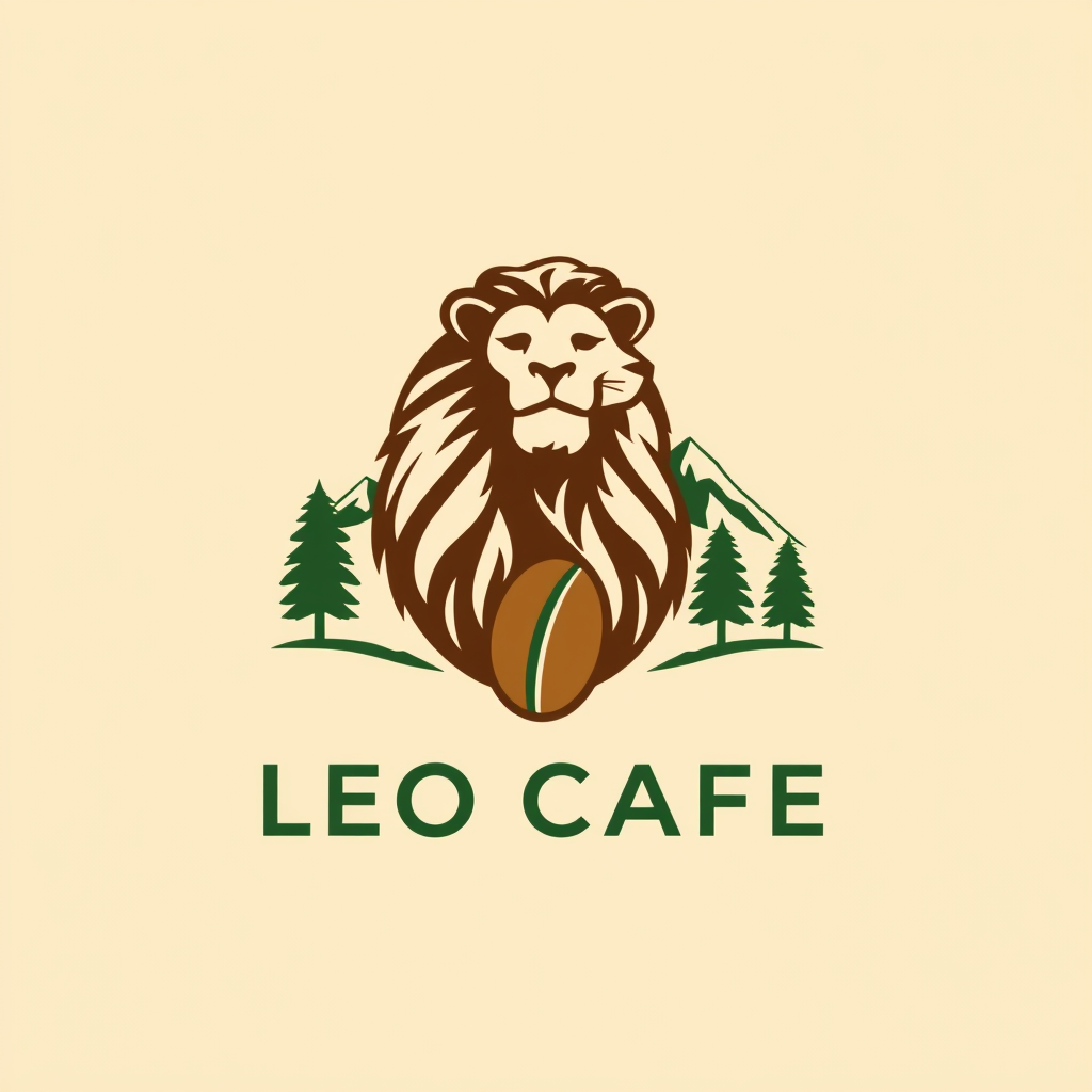 Main logo studio: A premium minimalist logo for a coffee shop called LEO CAFE in Arunachal Pradesh. Combine a majestic lion with elegant Himalayan mountain peaks and a